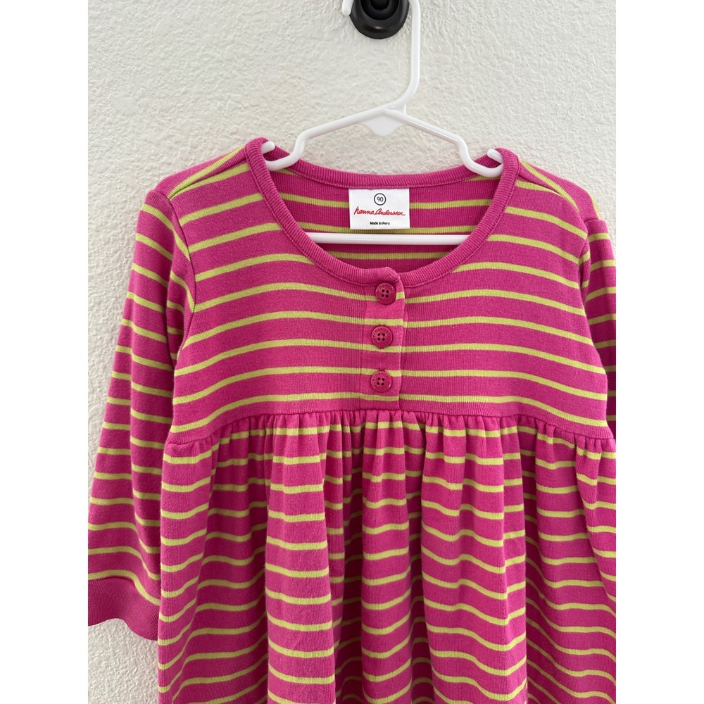 Hanna Andersson Pink Lime Striped 100% Cotton Long Sleeve Dress 90 / Toddler 2T - Picture 3 of 7